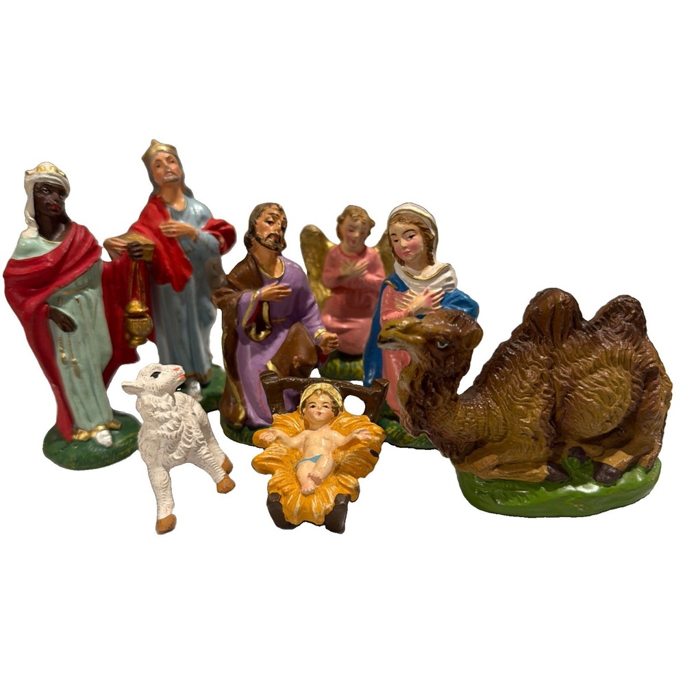 Vtg Italian Hard Plastic Nativity Set Lot Of 8 Hand Painted Made In Italy
